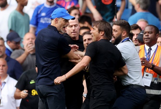 Chelsea manager Thomas Tuchel and Tottenham Hotspur manager Antonio Conte clash after the match.