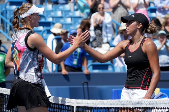 Madison Keys shakes hands with Kazakhstan's Elena after their women's singles quarter-final in the Western & Southern Open, at Lindner Family Tennis Center in Mason, Ohio, on Friday.