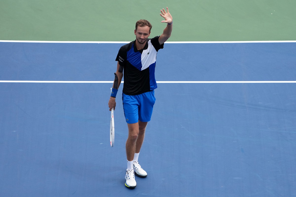 Russia's Daniil Medvedev celebrates after defeating Taylor Fritz of the United States.