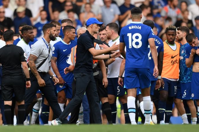 Chelsea manager Thomas Tuchel reacts after the confrontation with Tottenham Hotspur boss Antonio Conte at the end of Sunday's heated Premier League draw at Stamford Bridge.