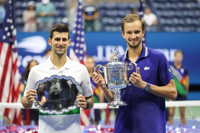 Novak Djokovic, left, was beaten by Daniil Medvedev in straight sets in the men's singles final of the 2021 US Open.