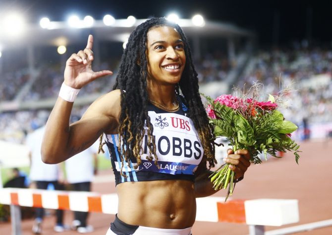 Aleia Hobbs of the United States celebrates winning the women's 100 metres at the Diamond League meeting in Lausanne, Switzerland, on Friday.
