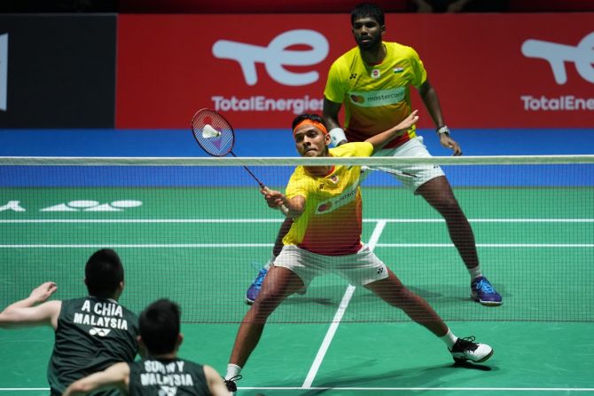 Satwiksairaj Rankireddy and Chirag Shetty in action during the BWF World Championships men's doubles semi-final against Aaron Chia and Soh Wooi Yik of Malaysia, in Tokyo, on Saturday.