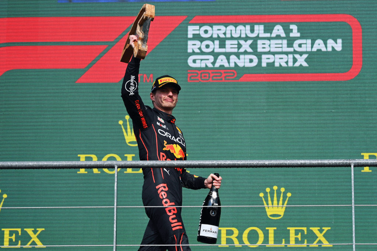 Race winner Max Verstappen of the Netherlands and Oracle Red Bull Racing celebrates on the podium during the F1 Grand Prix of Belgium at Circuit de Spa-Francorchamps in Spa, Belgium, on Sunday 