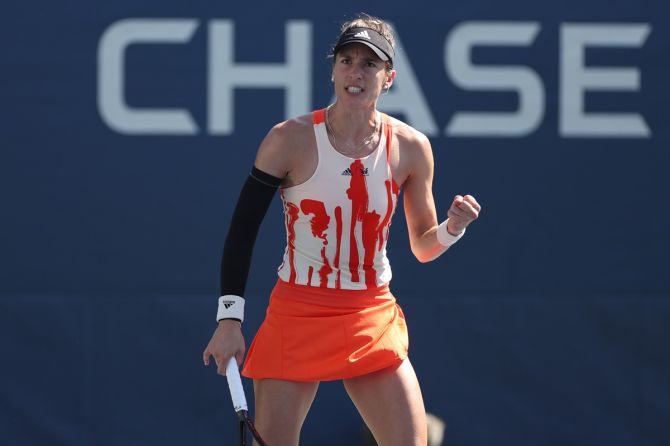 Germany's Andrea Petkovic reacts after winning a game against Switzerland's Belinda Bencic in the first round of the women's singles at the 2022 US Open on Tuesday.