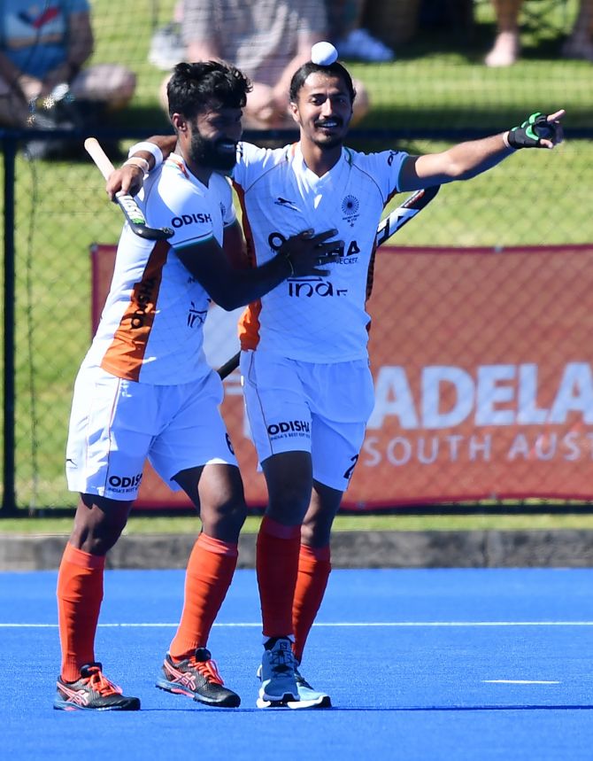 Dilpreet Singh celebrates putting India ahead during Game 4 of International Hockey Test against Australia at MATE Stadium in Adelaide, on Saturday.