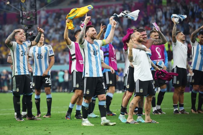 Argentina's players celebrate victory over Australia.