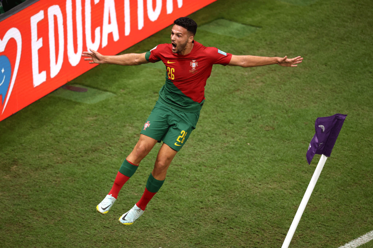 Portugal's Goncalo Ramos celebrates after scoring the opening goal