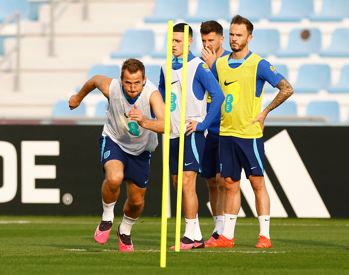England's Harry Kane in action during training with teammates at Al Wakrah SC stadium, Al Wakrah, Qatar, on Wednesday