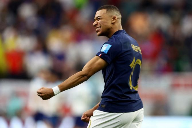 France's Kylian Mbappe celebrates after the match as France progress to the semi-finals