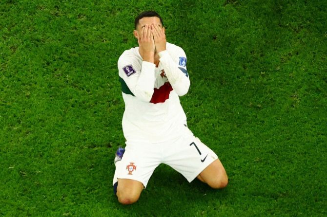 Portugal's Cristiano Ronaldo looks dejected after the match as Portugal are eliminated from the World Cupl