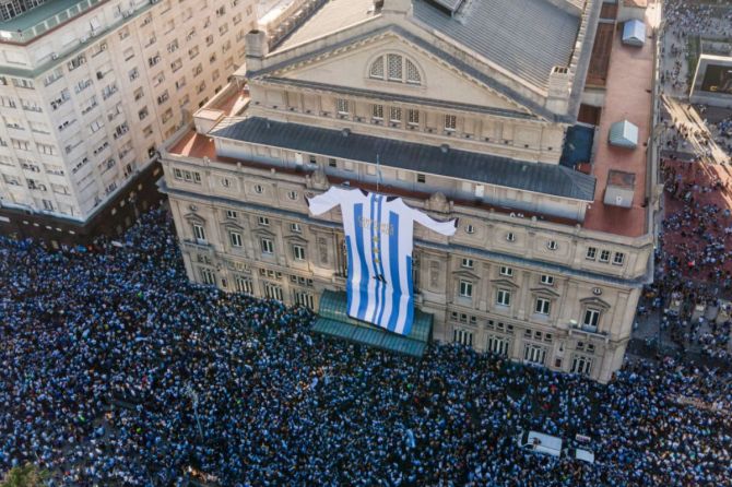 An aerial view of Argentina fans celebrating the FIFA World Cup Qatar 2022 win against France