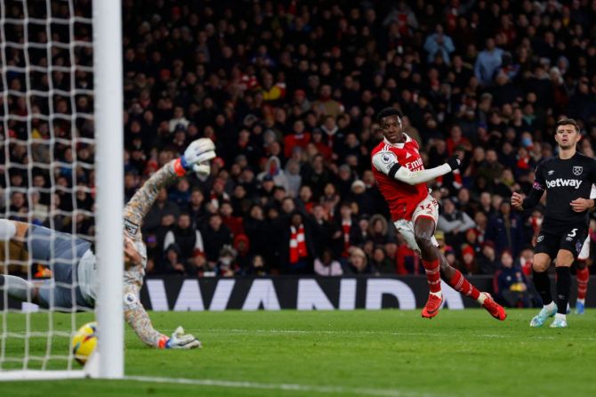Arsenal's Eddie Nketiah scores their third goal 
