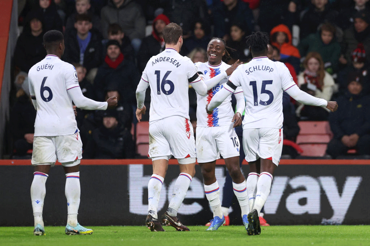 Crystal Palace's Eberechi Eze celebrates after scoring the team's second goal against AFC Bournemouth at Vitality Stadium in Bournemouth
