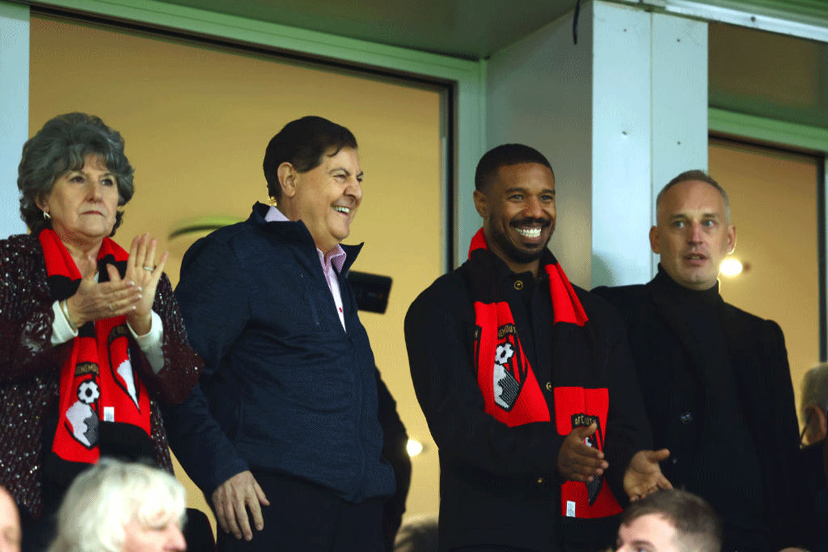 Michael B. Jordan, Minority Shareholder of AFC Bournemouth with other owners as they look on from a hospitality box prior to the Premier League match between AFC Bournemouth and Crystal Palace