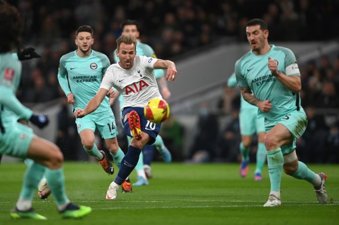 Harry Kane scores Tottenham Hotspur's opening goal against Brighton & Hove Albion, at Tottenham Hotspur Stadium in London, on Saturday.