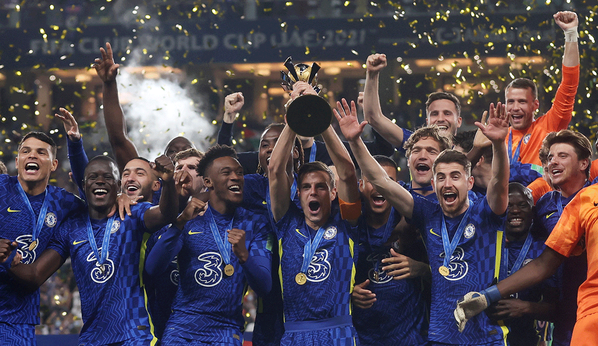 Chelsea's Cesar Azpilicueta lifts the trophy after winning the Club World Cup as the team celebrate beating Palmeiras at Mohammed Bin Zayed Stadium in Abu Dhabi, United Arab Emirates on Saturday. Chelsea have now won every major club trophy since Russian billionaire Roman Abramovich took control in 2003.