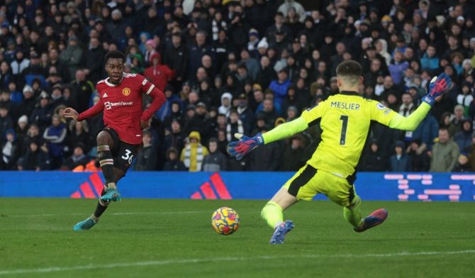 Substitute Anthony Elanga scores the match-winner for Manchester United in their Premier League match against Leeds United at Elland Road, Leeds, on Sunday.