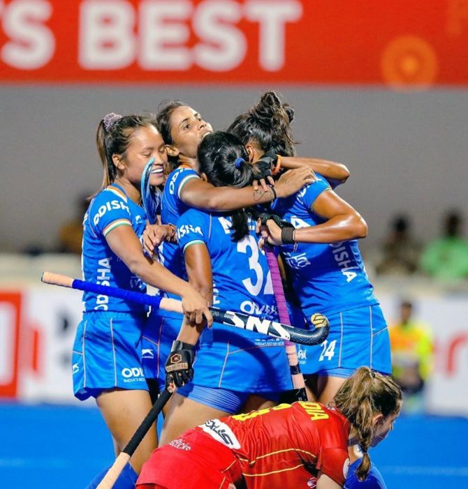 India's players celebrate a goal against Spain in the FIH Pro League women's match, at Kalinga stadium in Bhubaneswar.