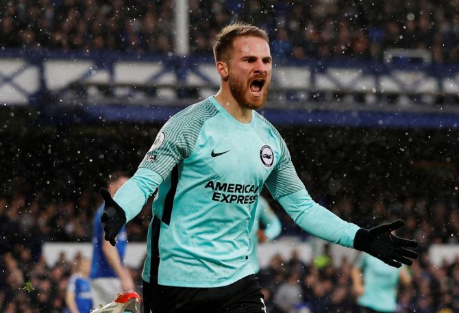 Alexis Mac Allister celebrates scoring Brighton & Hove Albion's first goal against Everton at Goodison Park, Liverpool, on Sunday.