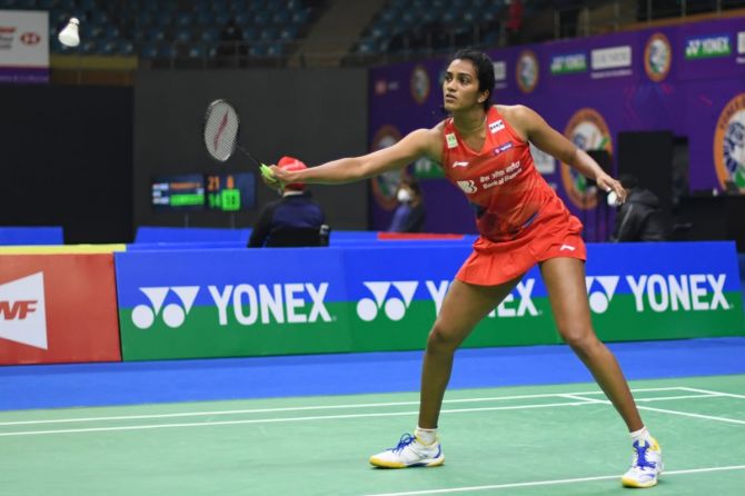 P V Sindhu in action against fellow-Indian Ashmita Chaliha in the women’s singles quarter-finals at the Yonex-Sunrise India Open badminton tournament, in New Delhi, on Friday.
