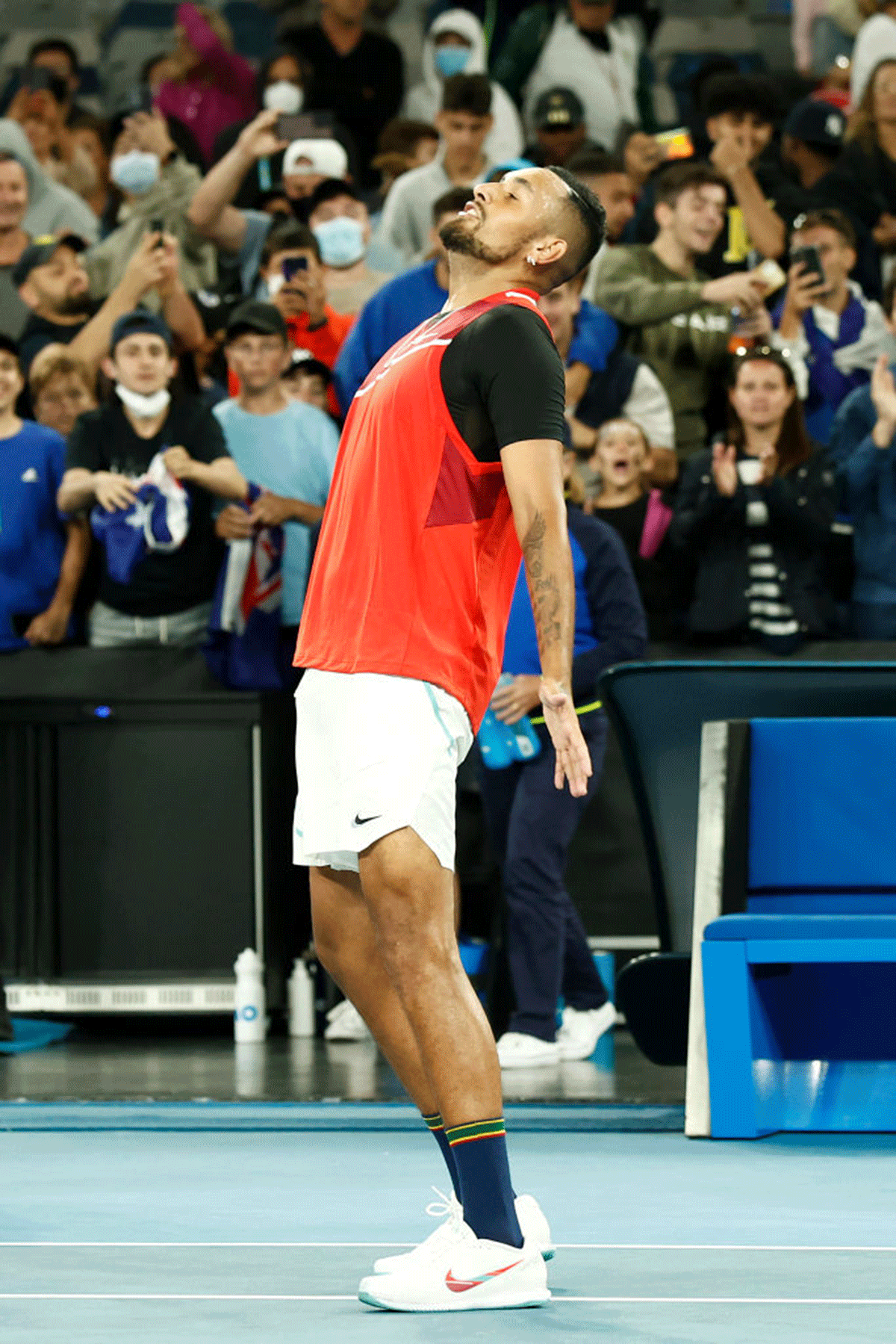 Nick Kyrgios imitates Cristiano Ronaldo's post-goal celebration following his first-round victory over Briton Liam Broady on Tuesday