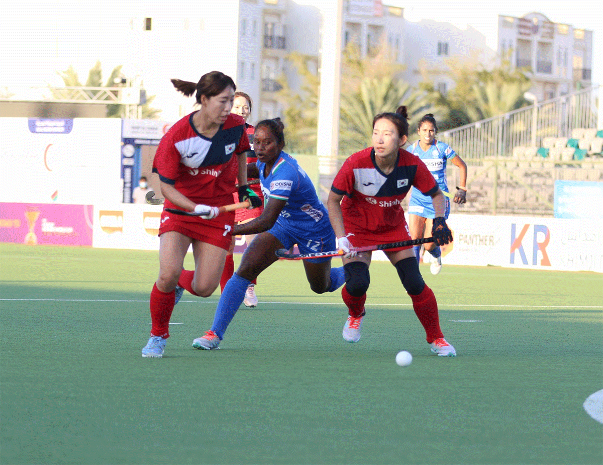 Action from the Asia Cup women's hockey semi-final between India and South Korea in Muscat on Wednesday 