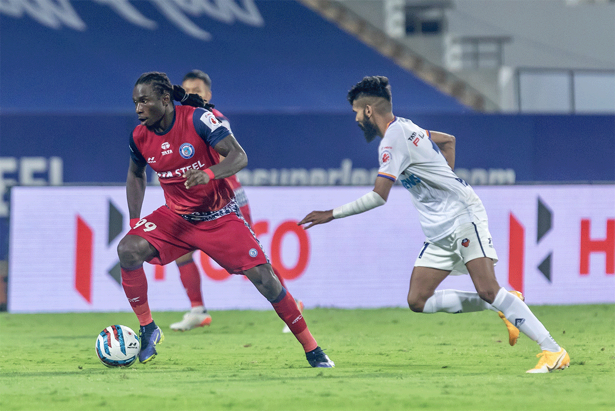 Jamshedpur FC's Daniel Chima Chukwu in action before slotting in the lone goal that proved the difference in their win over FC Goa on Friday