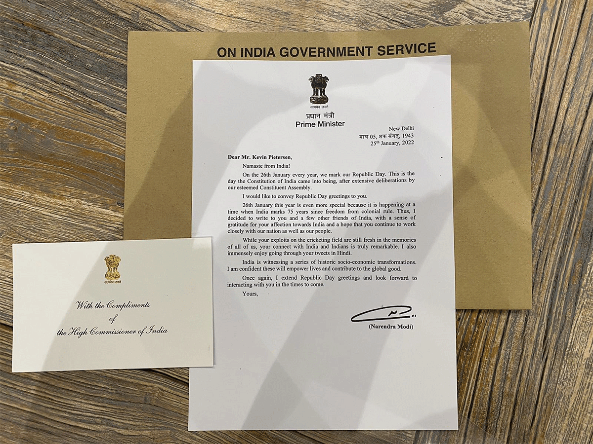 Kevin Pietersen received a letter from Prime Minister Narendra as part of the 'friends of India' gesture on India's Republic Day, January 26