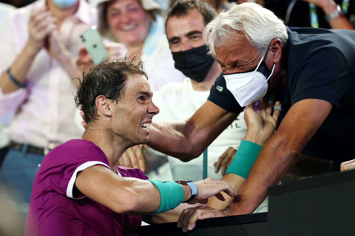 Rafael Nadal celebrates with his father Sebastian Nadal after victory