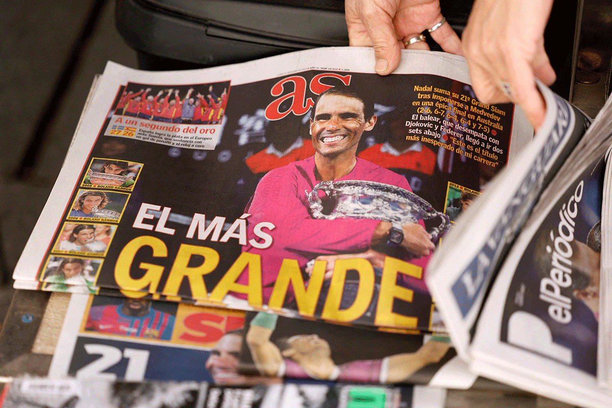 The day after winning the Australian Open, Spain's Rafael Nadal is seen in an image on the front page of AS sports newspaper with the headline reading "How big" in Madrid, Spain, on Monday