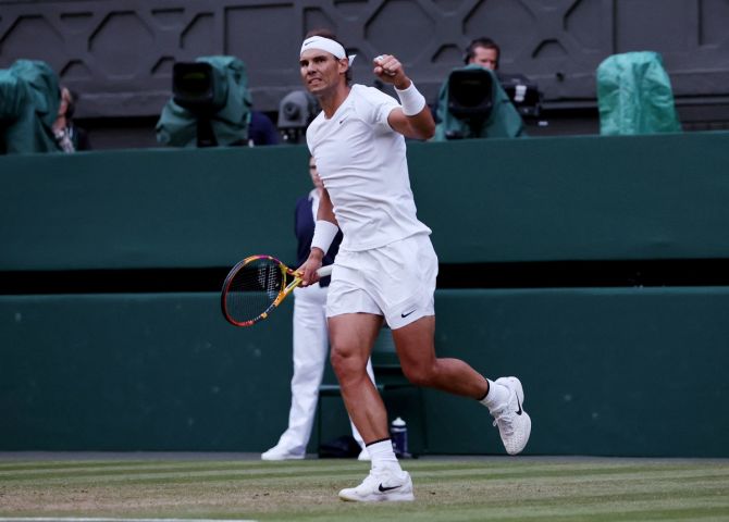 Spain's Rafael Nadal celebrates winning his fourth round match against the Netherlands' Botic van de Zandschulp at the All England Lawn Tennis and Croquet Club, London, on Monday.