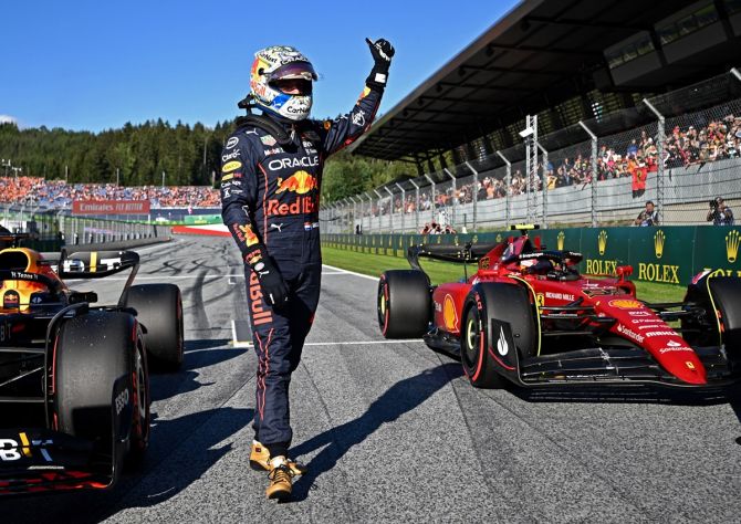 Red Bull's Max Verstappen celebrates after qualifying on pole for the sprint race at the Austrian Grand Prix in Red Bull Ring, Spielberg, on Friday.