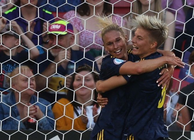 Jonna Andersson celebrates putting Sweden ahead.