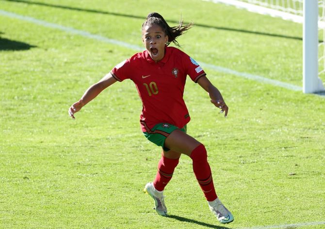 Jessica Silva celebrates scoring Portugal's second goal against Switzerland, at Leigh Sports Village, Leigh, Britain.