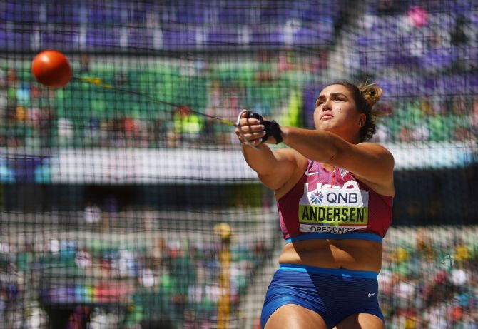 Brooke Andersen of the United States in action during the women's hammer throw final.