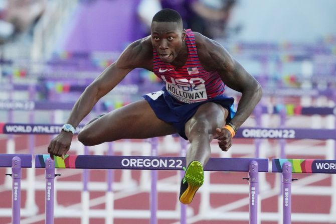 Grant Holloway of the United States glides over the last hurdle before winning the men's 110m hurdles final.