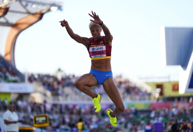 Venezuela's Yulimar Rojas in action during the women's triple jump final at the World Athletics Championships in Eugene, Oregon, on Monday.