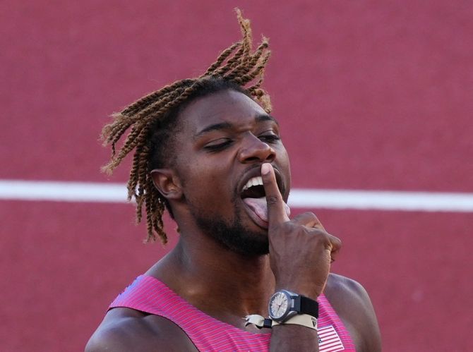 Noah Lyles of the United States celebrates winning his men's 200 metres semi-final at the World Athletics Championships in Eugene, Oregon, on Tuesday.