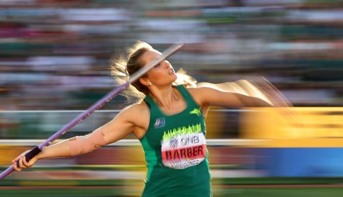 Australia's Kelsey-Lee Barber in action during the women's javelin throw final.