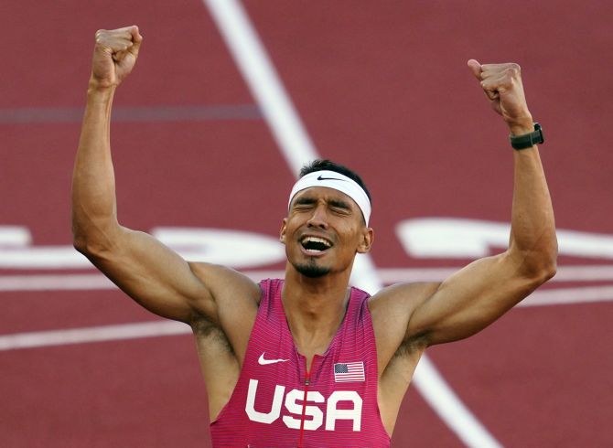Michael Norman of the United States celebrates winning the men's 400 metres final.