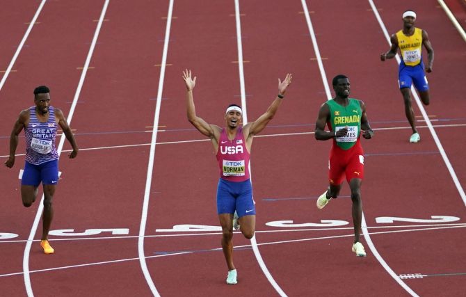 Michael Norman wins the men's 400 metres final ahead of second-placed Kirani James of Grenada and third-placed Matthew Hudson-Smith of Great Britain.