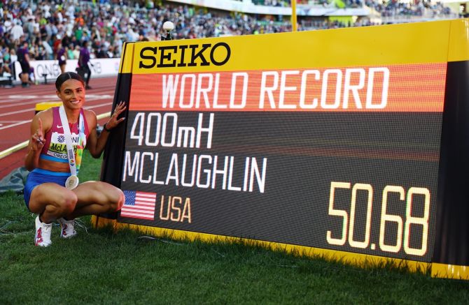 Sydney McLaughlin of the United States celebrates after winning the women's 400 metres hurdles final and setting a new World record on Day 8 of the World Athletics Championships in Eugene, Oregon, on Friday.