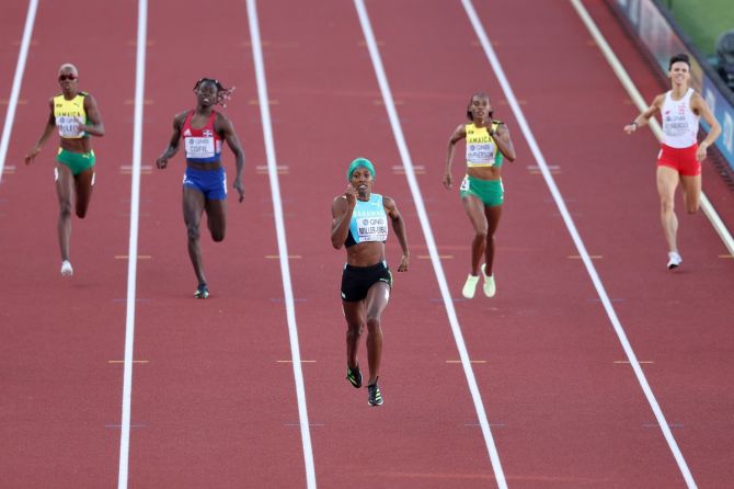 Shaunae Miller-Uibo of the Bahamas finishes way ahead of the filed in the women's 400 meres final on Day 8 of the World Athletics Championships in Eugene, Oregon, on Friday.