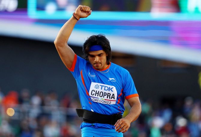 Neeraj Chopra reacts after his fourth round throw of 88.13 metres during the men's javelin throw at the World Athletics Championships, in Eugene, Oregon, on Saturday.