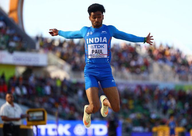 India's Eldhose Paul in action during the men's triple jump final at the World Athletics Championships, in Eugene, Oregon, on Saturday.