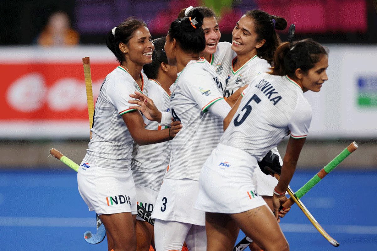 India's Vandana Katariya celebrates with teammates after scoring the third goal in their Pool A match against Wales on Day 2 of the Birmingham 2022 Commonwealth Games at University of Birmingham Hockey & Squash Centre on Saturday