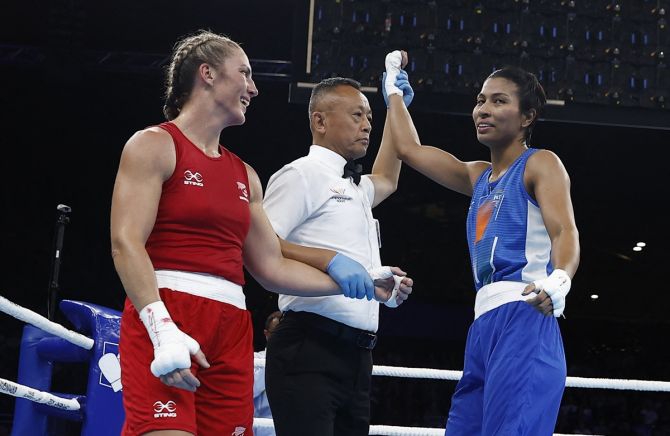 Lovlina Borgohain celebrates winning her women's light-middleweight bout against New Zealand's Ariane Nicholson at the Commonwealth Games in Birmingham on Saturday.