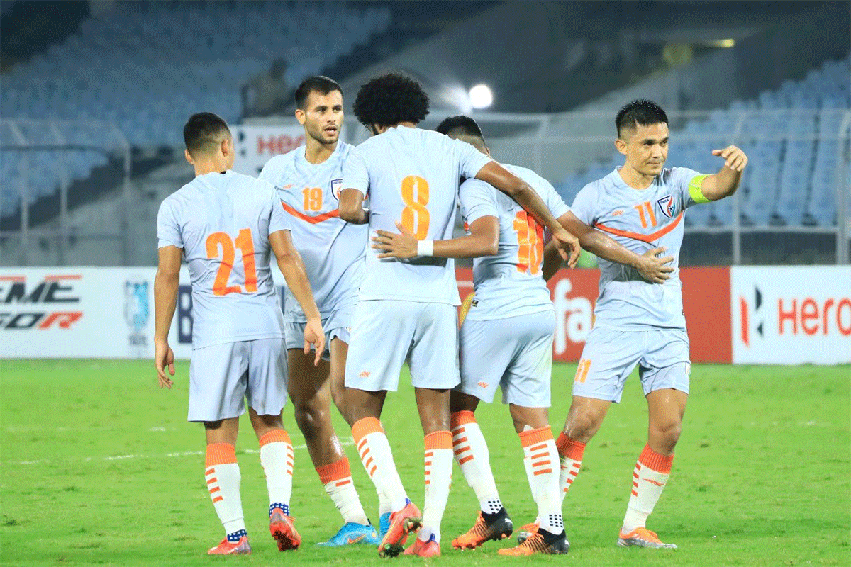 India players celebrate scoring the opening goal against Afghanistan in their AFC Asian Cup Qualifiers in Kolkata on Sunday