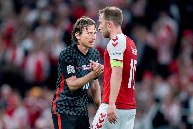 Croatia's Luka Modric shakes hands with Denmark's Christian Eriksen after the Nations League Group A match at Parken, Copenhagen, on Friday. 